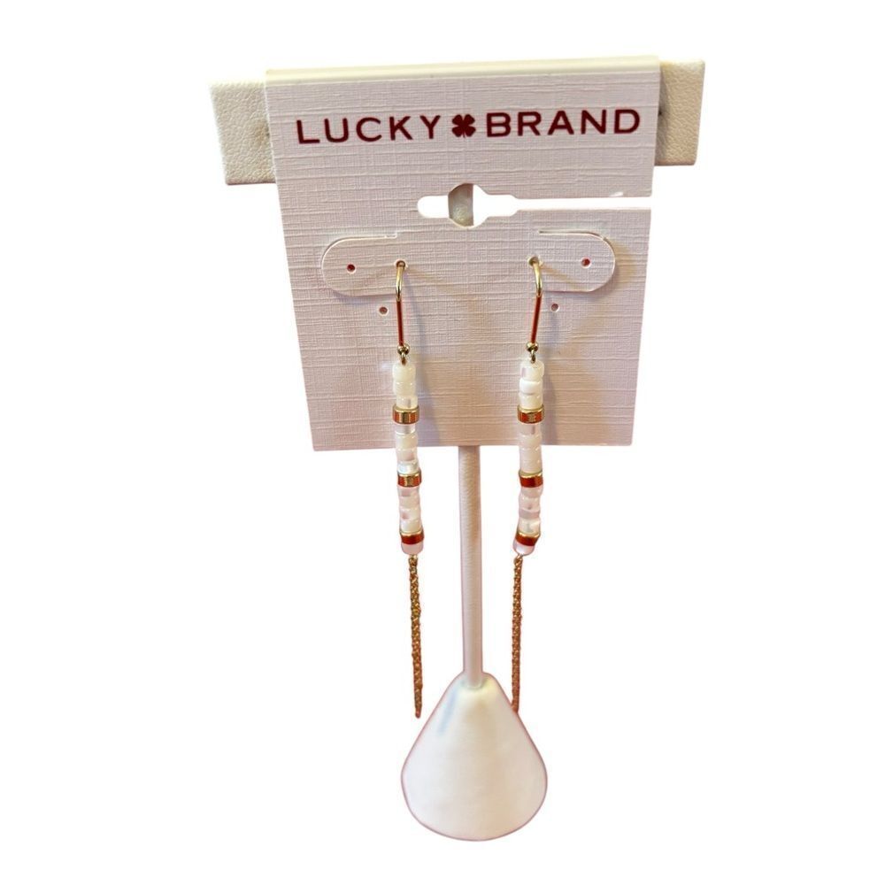 Pearly White & Gold Beaded Threader Earrings.